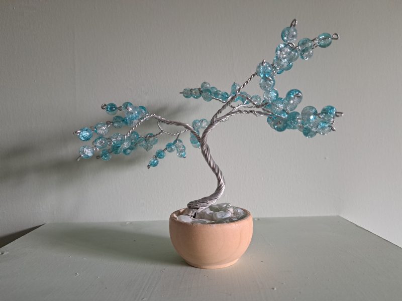 Handmade Wire Tree Sculpture with Blue Glass Beads in Pot,