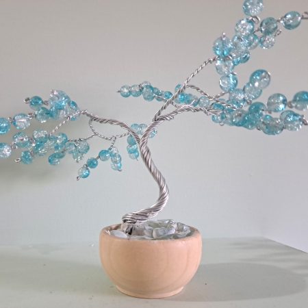 Handmade Wire Tree Sculpture with Blue Glass Beads in Pot,