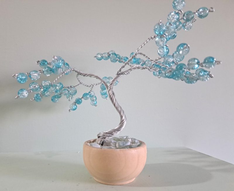 Handmade Wire Tree Sculpture with Blue Glass Beads in Pot,