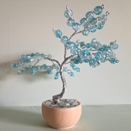 Handmade Wire Tree Sculpture with Blue Glass Beads in Pot,