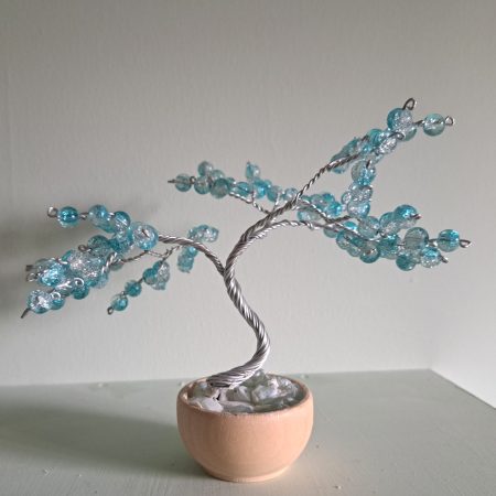 Handmade Wire Tree Sculpture with Blue Glass Beads in Pot,