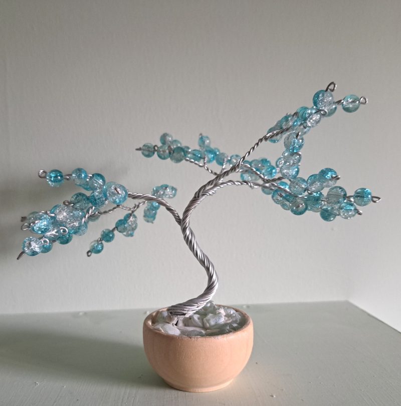 Handmade Wire Tree Sculpture with Blue Glass Beads in Pot,