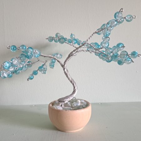 Handmade Wire Tree Sculpture with Blue Glass Beads in Pot,