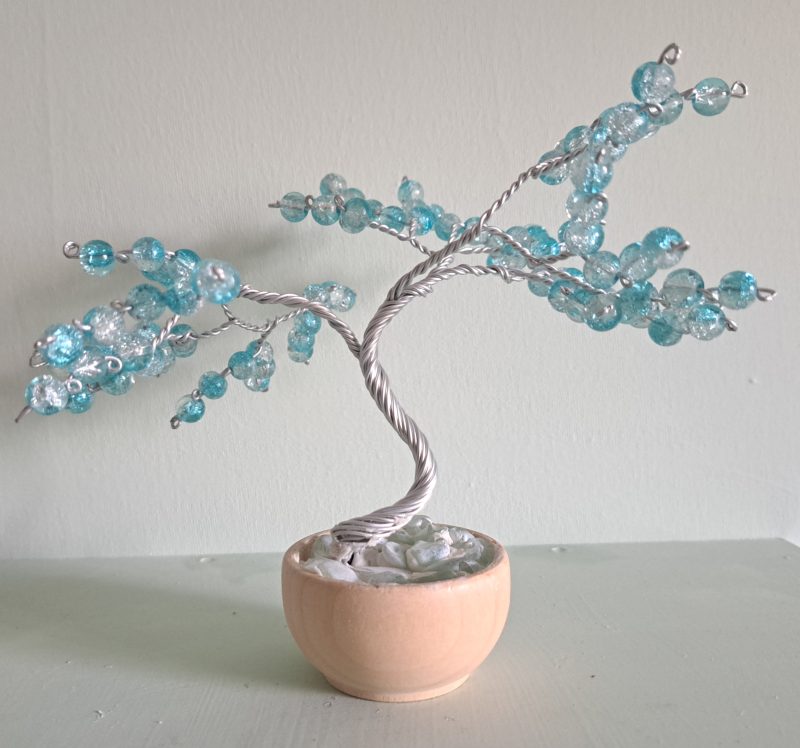 Handmade Wire Tree Sculpture with Blue Glass Beads in Pot,