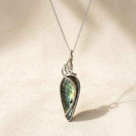 Large Teardrop Labradorite Necklace – Hand Wire Wrapped in Silver Wire