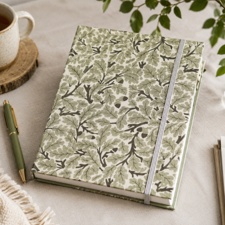 Handmade Green Leaf Fabric Notebook | A6 Journal | Square Grid Pages | Traditional Bookbinding