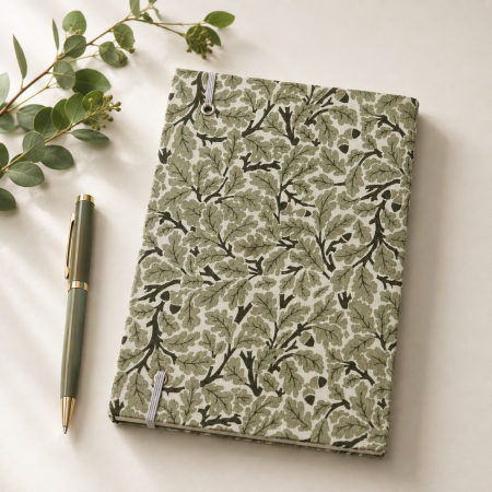 Handmade Green Leaf Fabric Notebook | A6 Journal | Square Grid Pages | Traditional Bookbinding