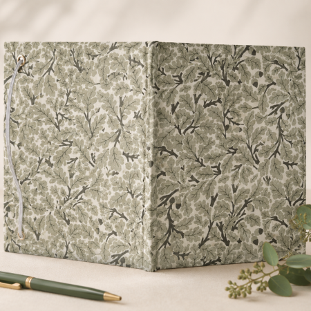 Handmade Green Leaf Fabric Notebook | A6 Journal | Square Grid Pages | Traditional Bookbinding