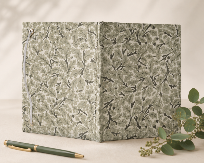 Handmade Green Leaf Fabric Notebook | A6 Journal | Square Grid Pages | Traditional Bookbinding
