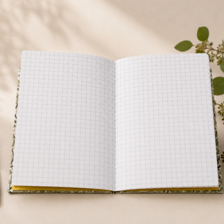 Handmade Green Leaf Fabric Notebook | A6 Journal | Square Grid Pages | Traditional Bookbinding