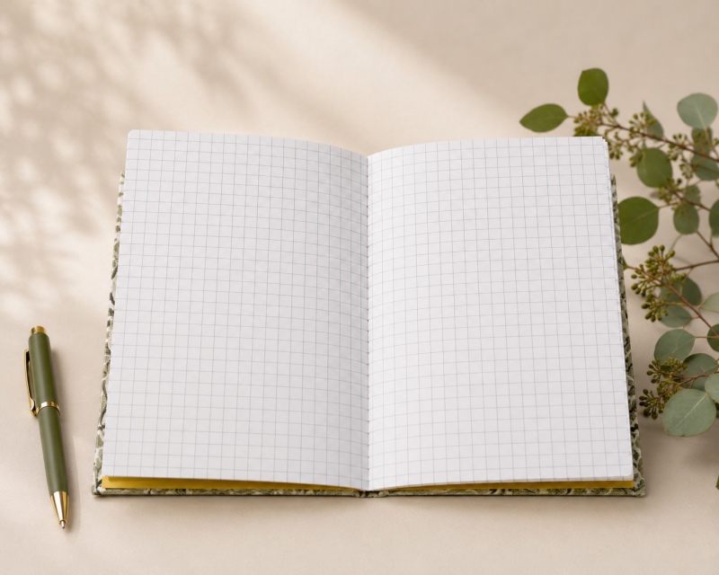 Handmade Green Leaf Fabric Notebook | A6 Journal | Square Grid Pages | Traditional Bookbinding