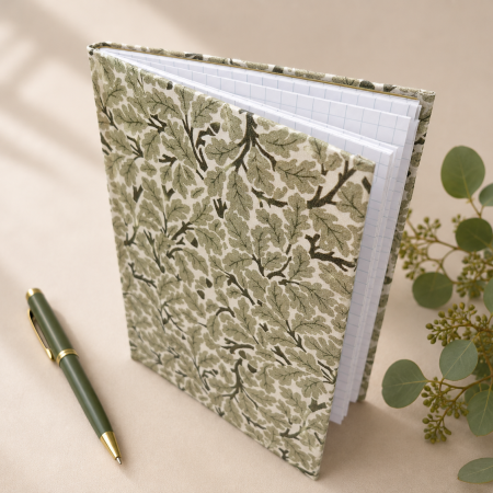 Handmade Green Leaf Fabric Notebook | A6 Journal | Square Grid Pages | Traditional Bookbinding