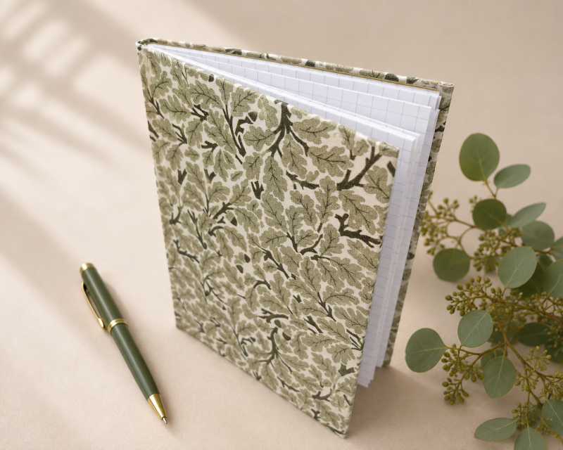 Handmade Green Leaf Fabric Notebook | A6 Journal | Square Grid Pages | Traditional Bookbinding