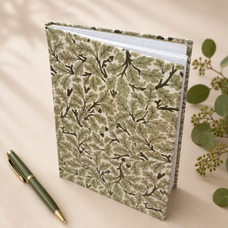 Handmade Green Leaf Fabric Notebook | A6 Journal | Square Grid Pages | Traditional Bookbinding