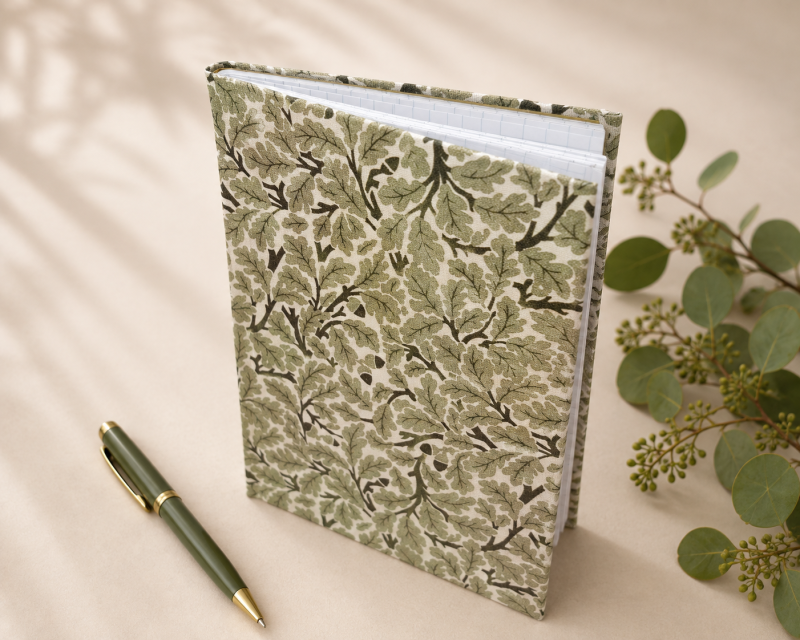 Handmade Green Leaf Fabric Notebook | A6 Journal | Square Grid Pages | Traditional Bookbinding