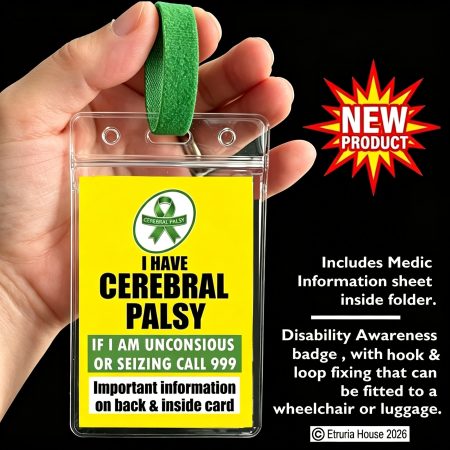 Medical alert. Cerebral Palsy, Disability badge+ loop fixing+Medic form