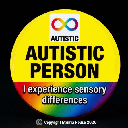 Autistic Person, 2.25" diameter button badge with pin on back.