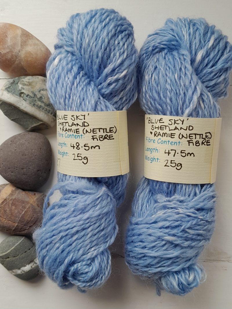 Hand Spun Yarn - Shetland Wool and Ramie (nettle fibre) - Blue Sky