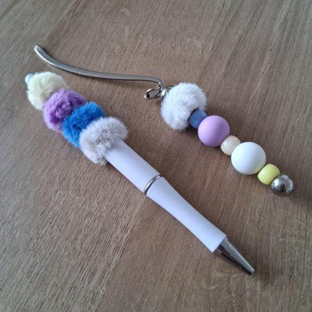Rainbow Pom-Pom Beaded Pen & Bookmark Set