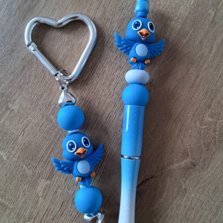 Cute Bluebird Beaded Pen & Heart Keyring Set