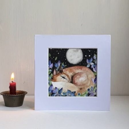 Mounted Original Watercolour Whimsical Resting Fox with Blue Flowers in Moonlight