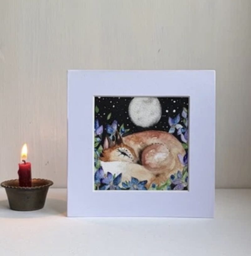 Mounted Original Watercolour Whimsical Resting Fox with Blue Flowers in Moonlight