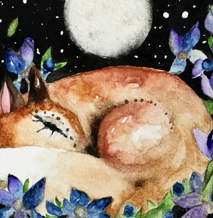 Mounted Original Watercolour Whimsical Resting Fox with Blue Flowers in Moonlight