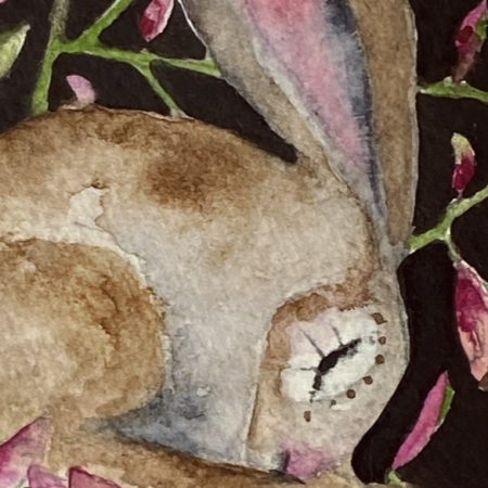 Mounted Original Resting Whimsical Hare Rabbit Amongst Pink Flowers