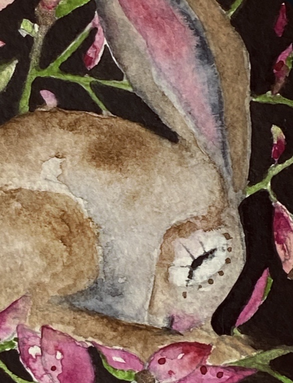 Mounted Original Resting Whimsical Hare Rabbit Amongst Pink Flowers
