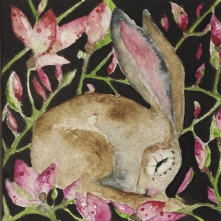 Mounted Original Resting Whimsical Hare Rabbit Amongst Pink Flowers
