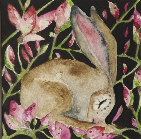 Mounted Original Resting Whimsical Hare Rabbit Amongst Pink Flowers