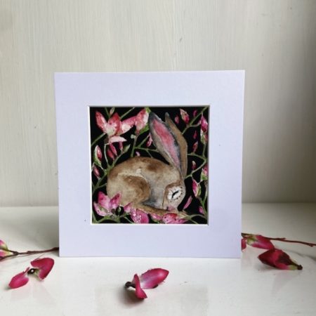 Mounted Original Resting Whimsical Hare Rabbit Amongst Pink Flowers