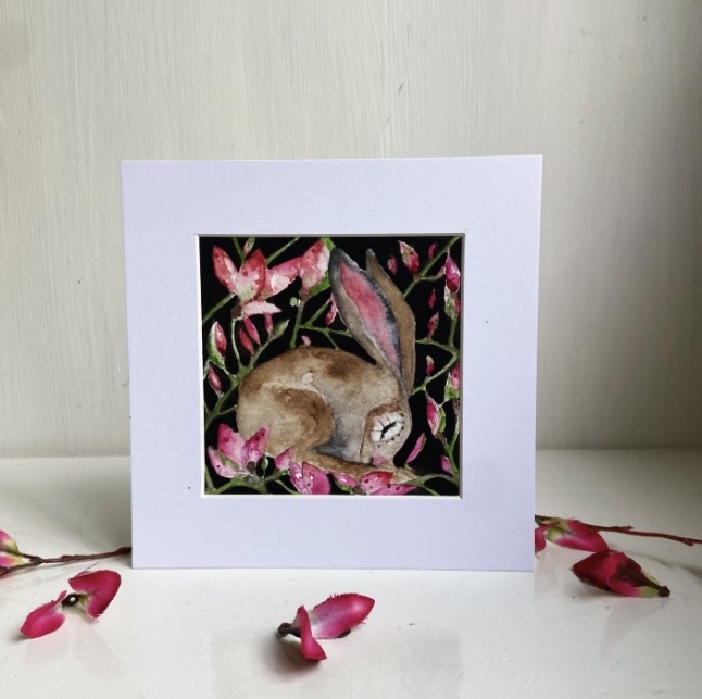 Mounted Original Resting Whimsical Hare Rabbit Amongst Pink Flowers