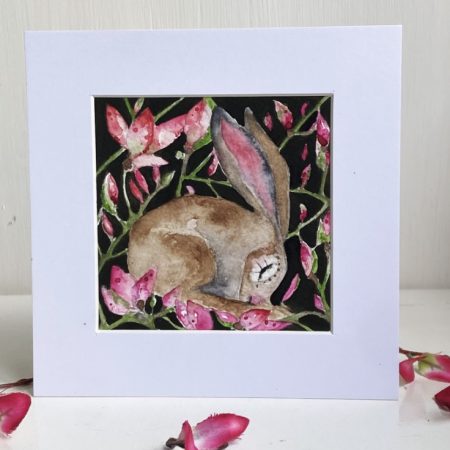 Mounted Original Resting Whimsical Hare Rabbit Amongst Pink Flowers