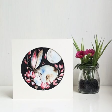 Mounted Original Hand Painted Hare and Flowers under Full Moon Watercolour