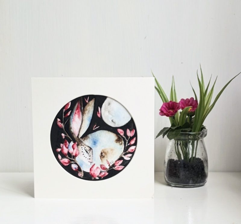 Mounted Original Hand Painted Hare and Flowers under Full Moon Watercolour