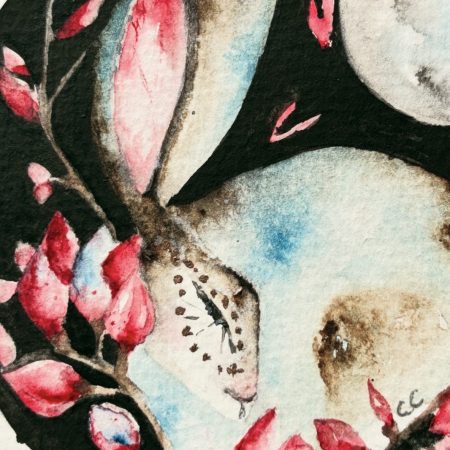 Mounted Original Hand Painted Hare and Flowers under Full Moon Watercolour