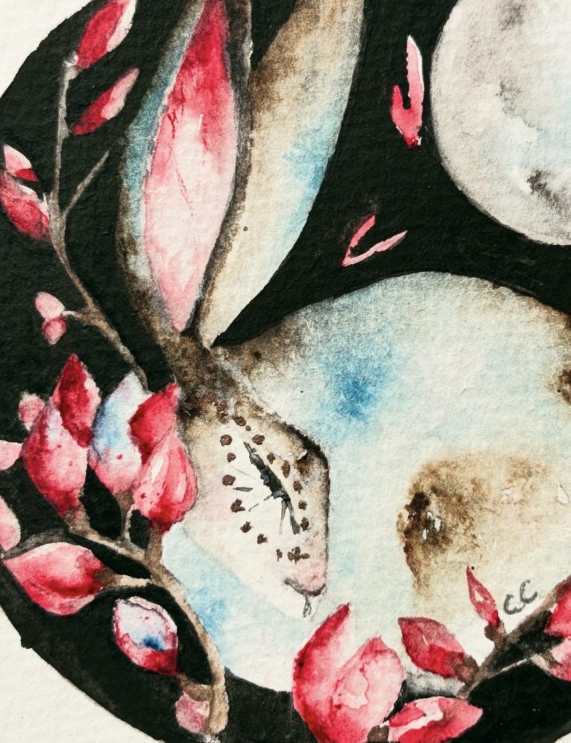 Mounted Original Hand Painted Hare and Flowers under Full Moon Watercolour