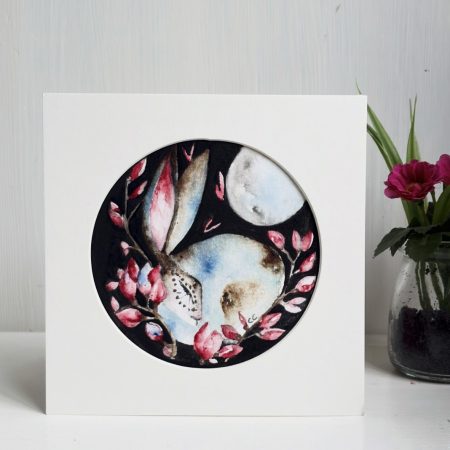 Mounted Original Hand Painted Hare and Flowers under Full Moon Watercolour