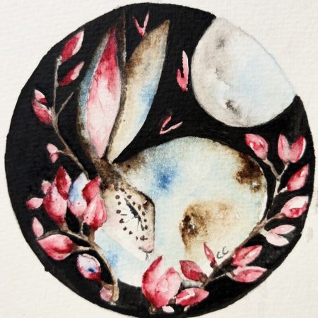 Mounted Original Hand Painted Hare and Flowers under Full Moon Watercolour