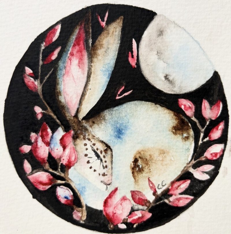 Mounted Original Hand Painted Hare and Flowers under Full Moon Watercolour