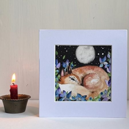 Mounted Original Watercolour Whimsical Resting Fox with Blue Flowers in Moonlight