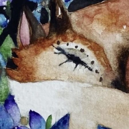 Mounted Original Watercolour Whimsical Resting Fox with Blue Flowers in Moonlight