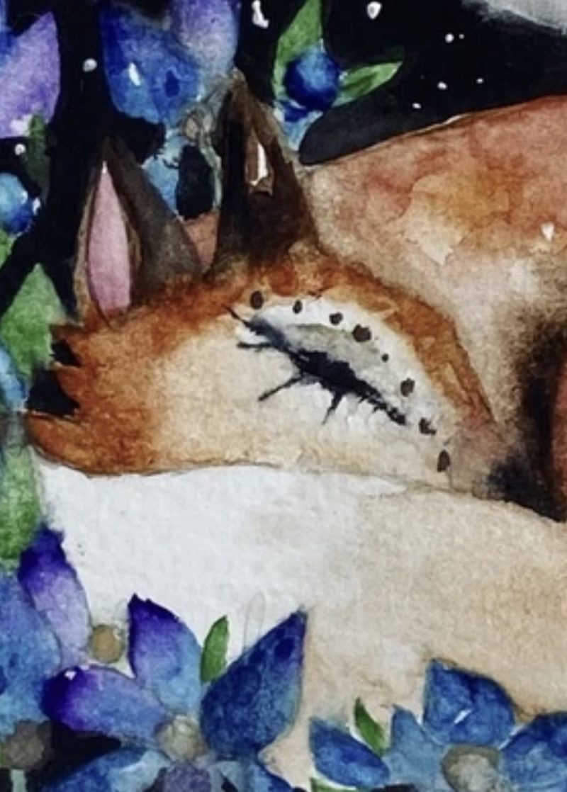 Mounted Original Watercolour Whimsical Resting Fox with Blue Flowers in Moonlight