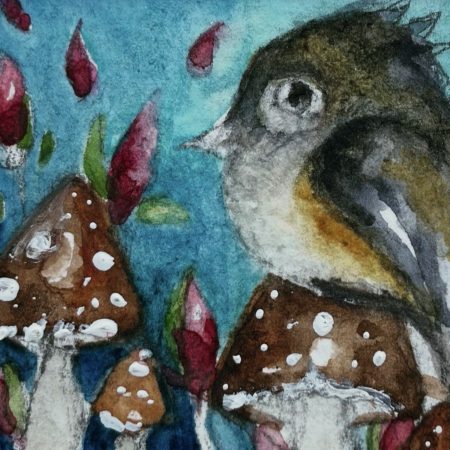 Mounted Original Watercolour ACEO Whimsical Bird with Mushrooms