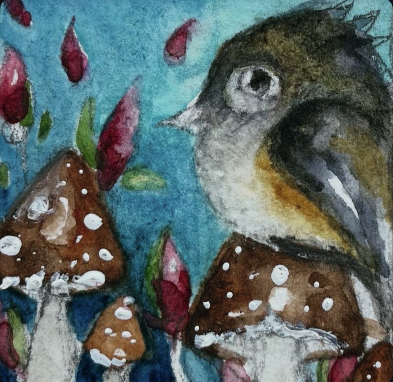 Mounted Original Watercolour ACEO Whimsical Bird with Mushrooms