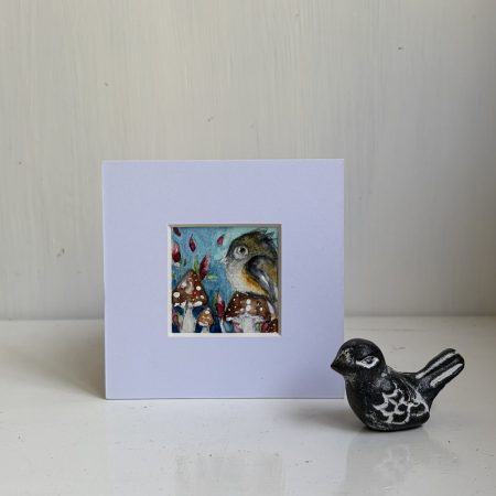 Mounted Original Watercolour ACEO Whimsical Bird with Mushrooms