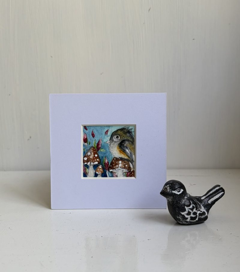 Mounted Original Watercolour ACEO Whimsical Bird with Mushrooms