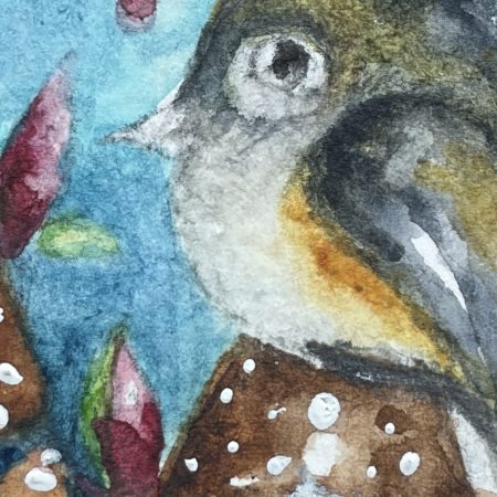 Mounted Original Watercolour ACEO Whimsical Bird with Mushrooms
