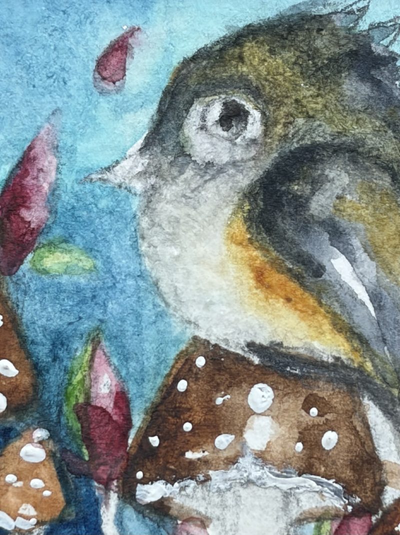 Mounted Original Watercolour ACEO Whimsical Bird with Mushrooms